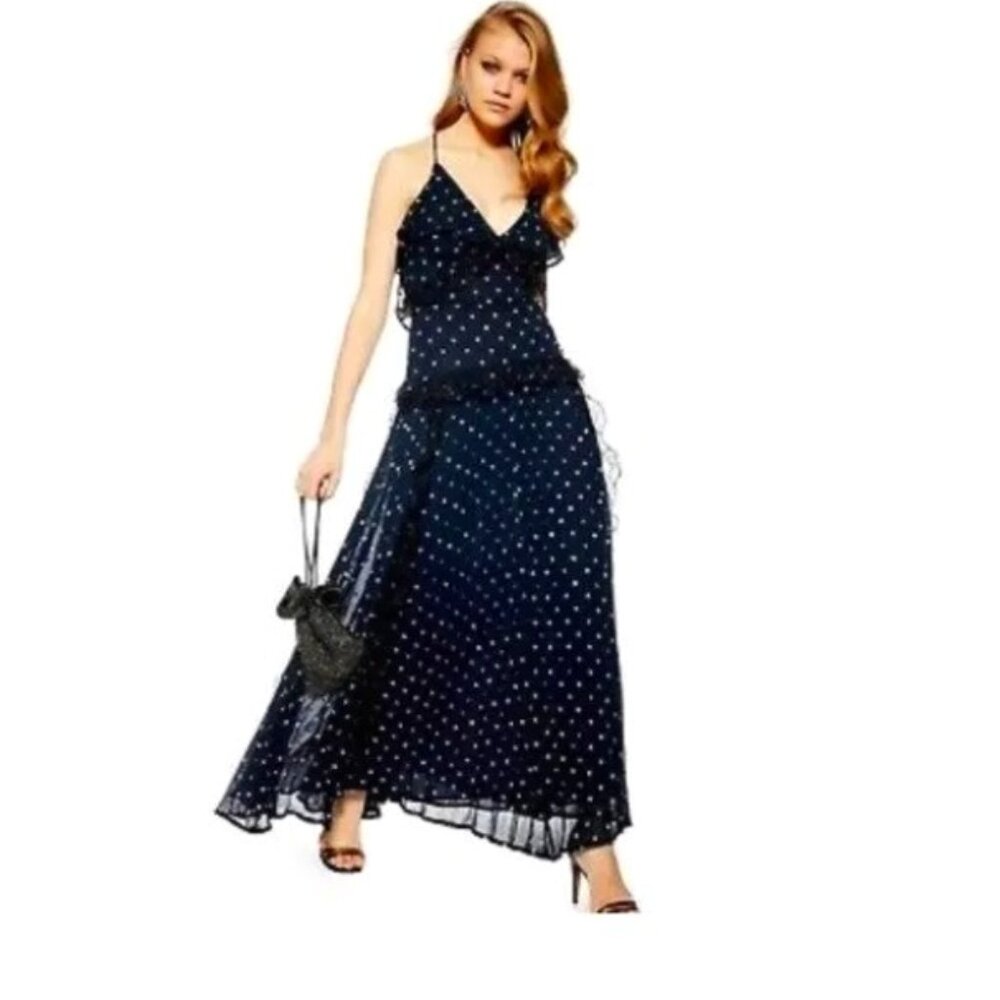 TOPSHOP NAVY Polka Gold Dots ADJUSTABLE STRAP MAXI DRESS